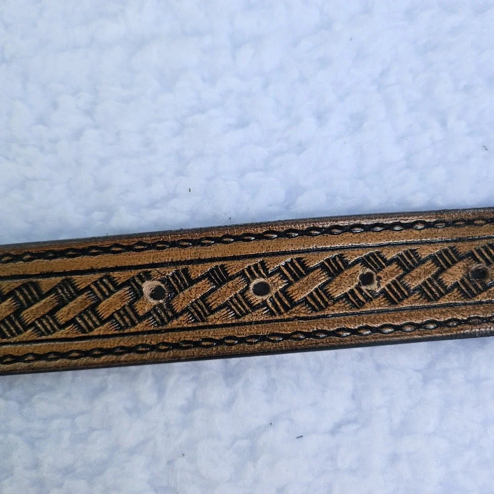 C.L. Belt Mens Small Brown Basketweave Western Tooled Leather Silver Buckle 9700